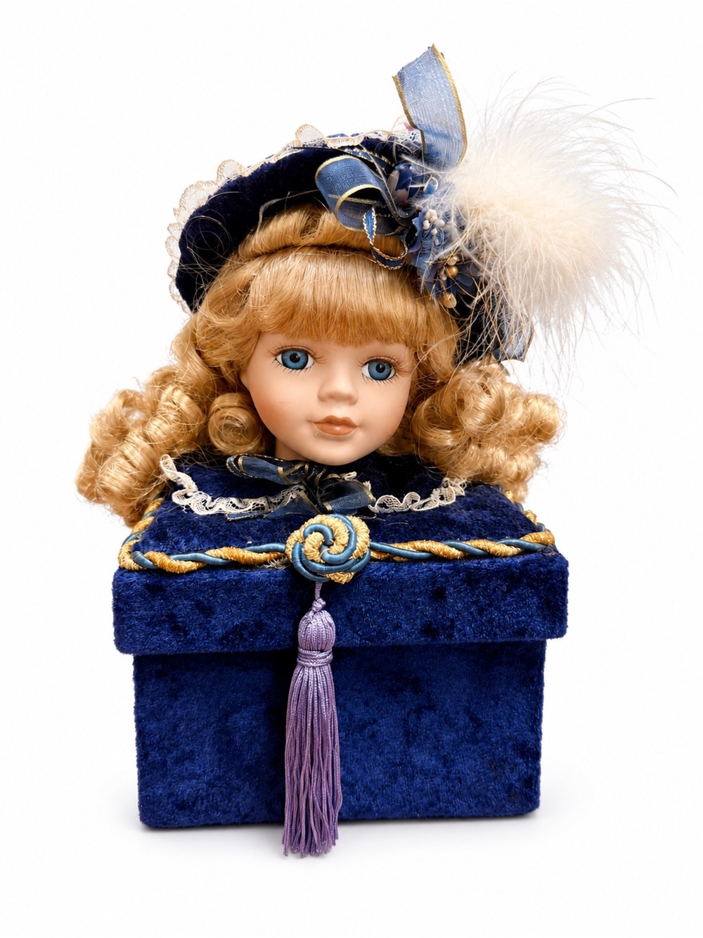 Vintage Dan Dee Porcelain Doll Jewelry Trinket Box Blue Velvet